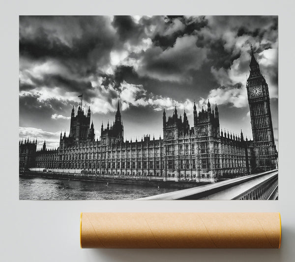 London Houses Of Parliament B N W Storm Clouds