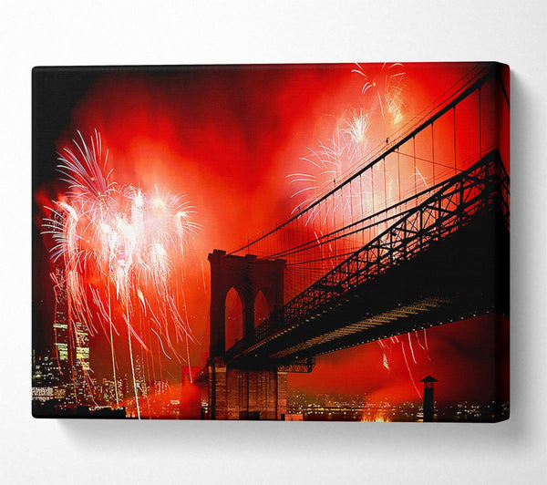 New York City Brooklyn Bridge Fireworks Red