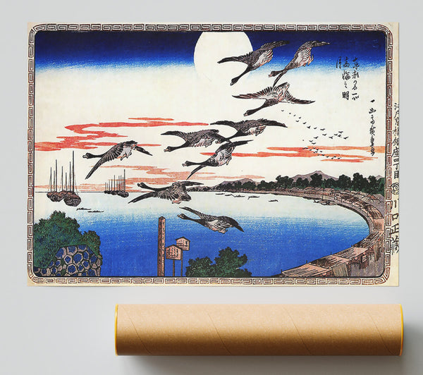 Hiroshige Geese Descending Over A Bay