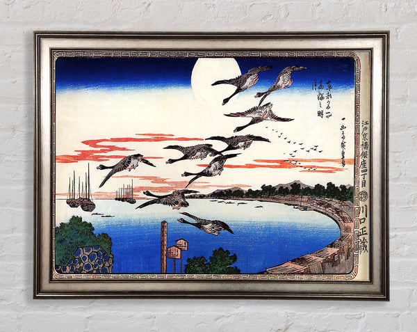 Hiroshige Geese Descending Over A Bay