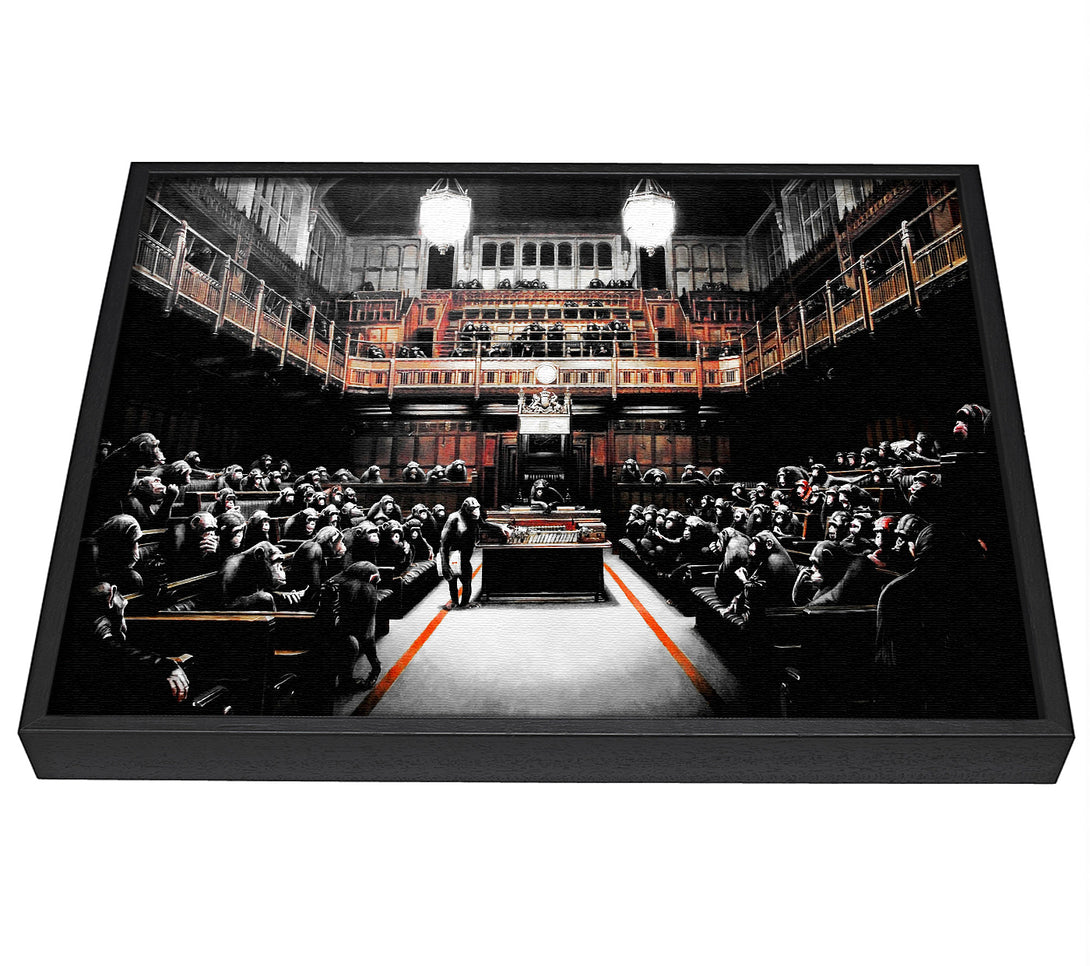 A picture of a Buy Banksy Monkey Devolved Parliament Canvas framed canvas print sold by Wallart-Direct.co.uk