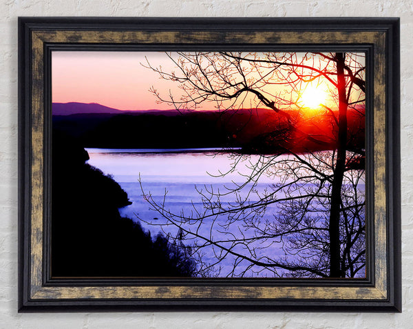 Blazing Red Sun Over The Winter Lake