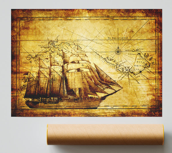 Old World Map With Ship