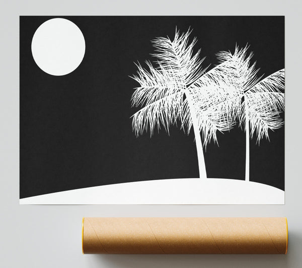 Palm Tree Moon White On Black