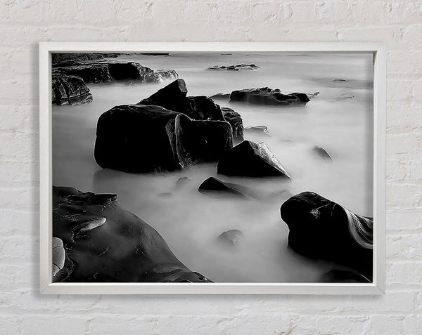 Misty Calm Ocean Rocks Black n White