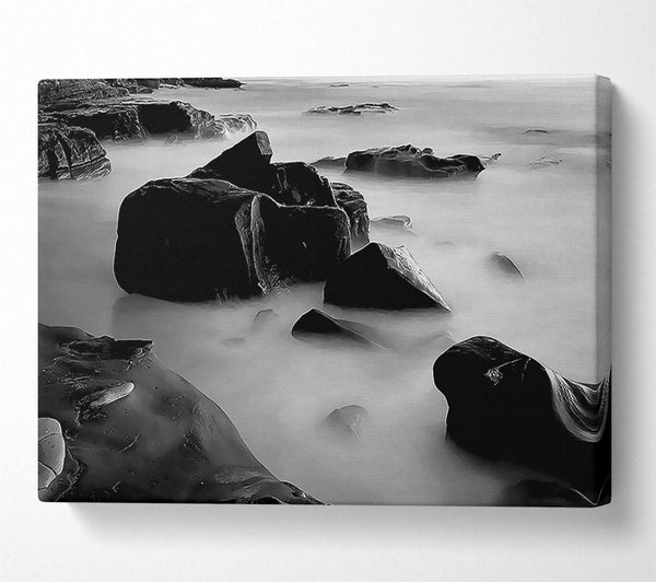 Misty Calm Ocean Rocks Black n White