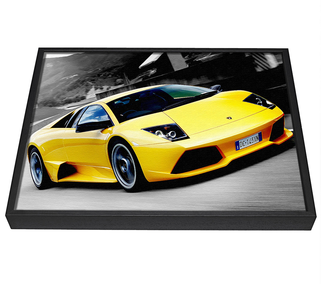 A picture of a Lamborghini On The Move Yellow framed canvas print sold by Wallart-Direct.co.uk