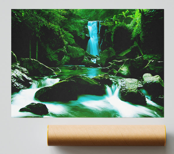 The Waterfall Flows Over The Rocks