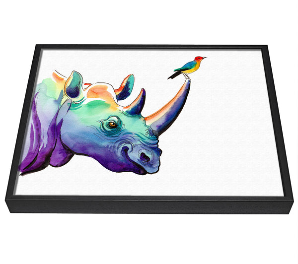 A picture of a Rainbow Rhino Bird framed canvas print sold by Wallart-Direct.co.uk