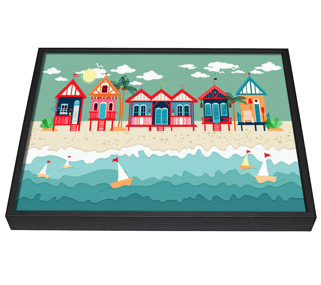 A picture of a Beach Huts And Sailboats framed canvas print sold by Wallart-Direct.co.uk