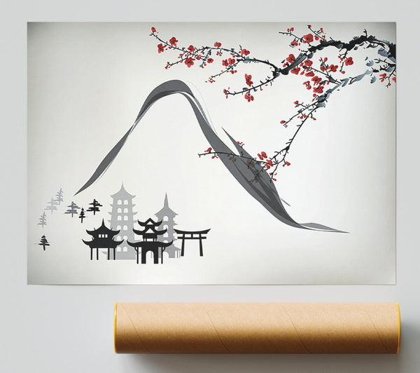 Mountains And Chinese Cherry Blossom