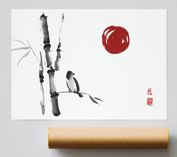 Japanese Bamboo Bird In The Red Sun