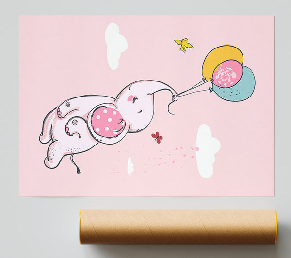 Pink Elephant Floating On Balloons