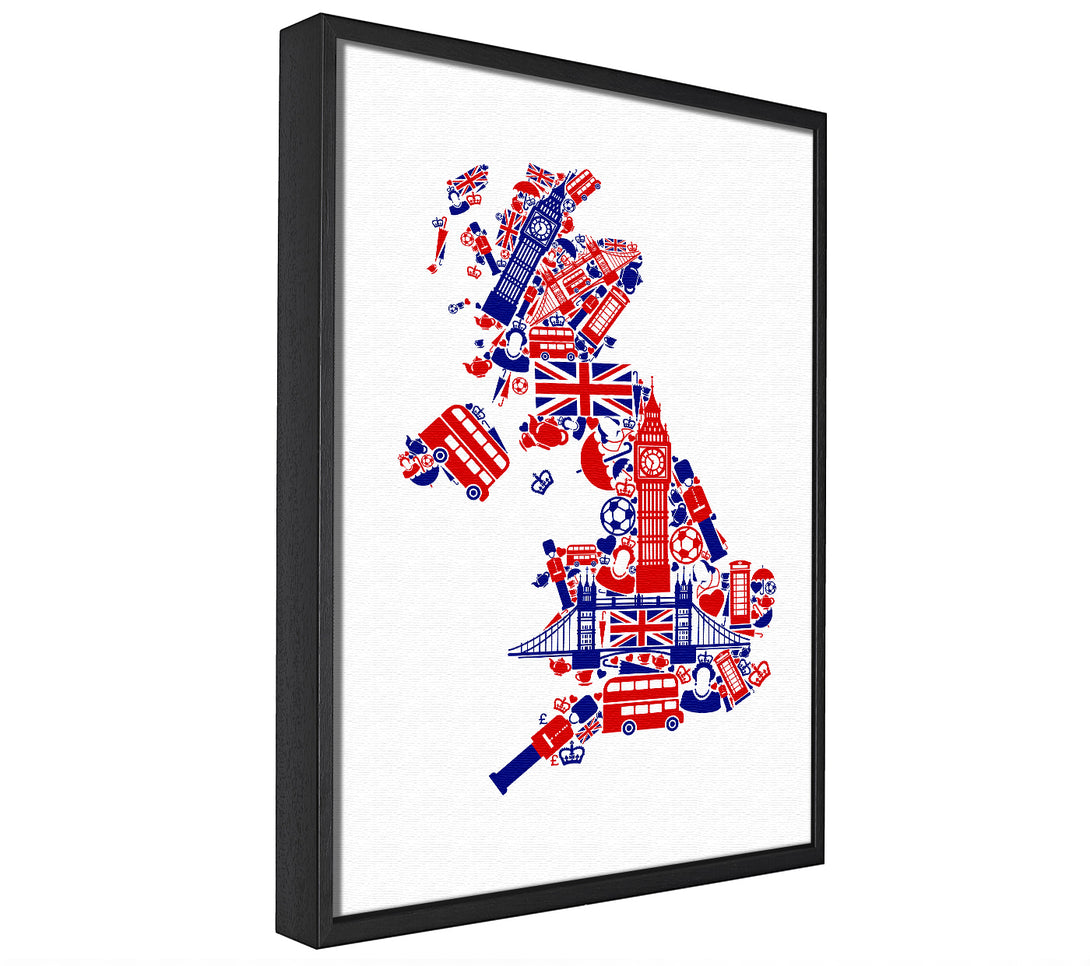 A picture of a London Icons In The Shape Of The UK framed canvas print sold by Wallart-Direct.co.uk