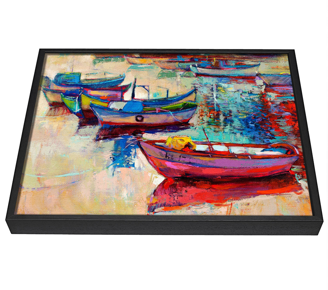 A picture of a Colourful Boats On The Water framed canvas print sold by Wallart-Direct.co.uk