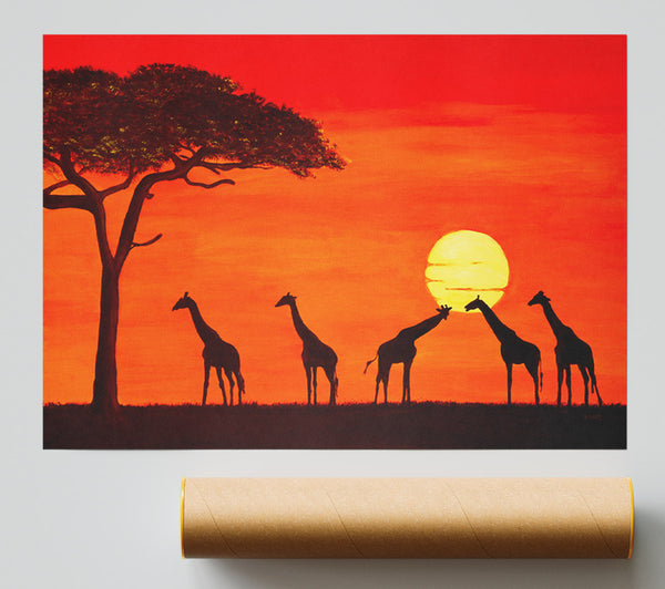 Giraffes At The Sunset