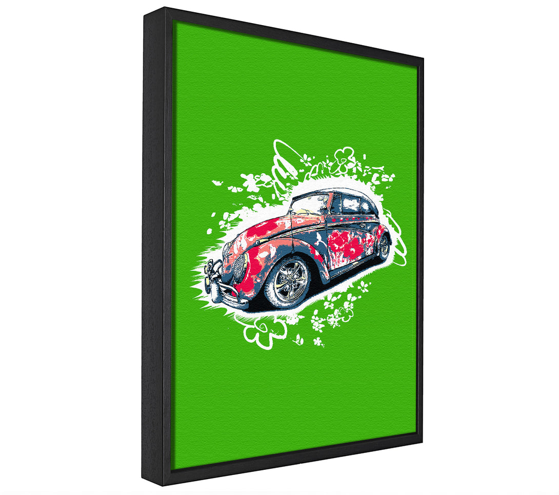 A picture of a VW Beetle Flower Power Green framed canvas print sold by Wallart-Direct.co.uk