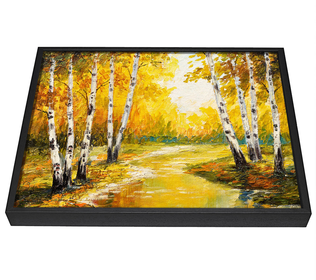 A picture of a Yellow Silver Birch Walk framed canvas print sold by Wallart-Direct.co.uk