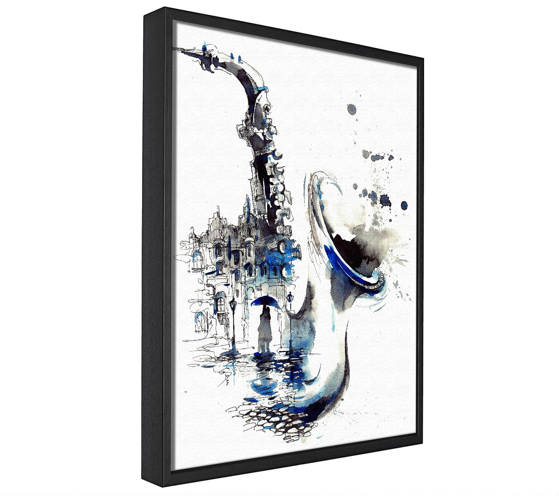 A picture of a Saxophone City framed canvas print sold by Wallart-Direct.co.uk