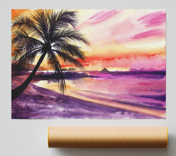 Watercolour Purple Palm Tree Ocean