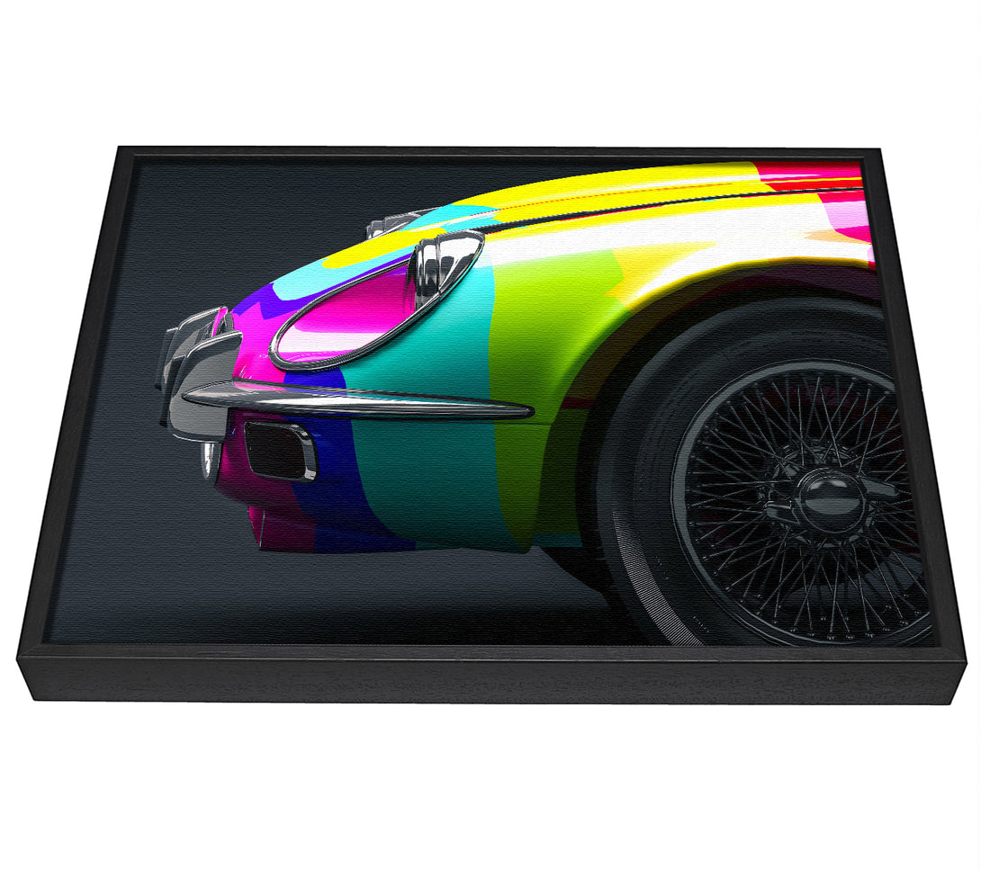 A picture of a E type Jaguar rainbow stripes framed canvas print sold by Wallart-Direct.co.uk