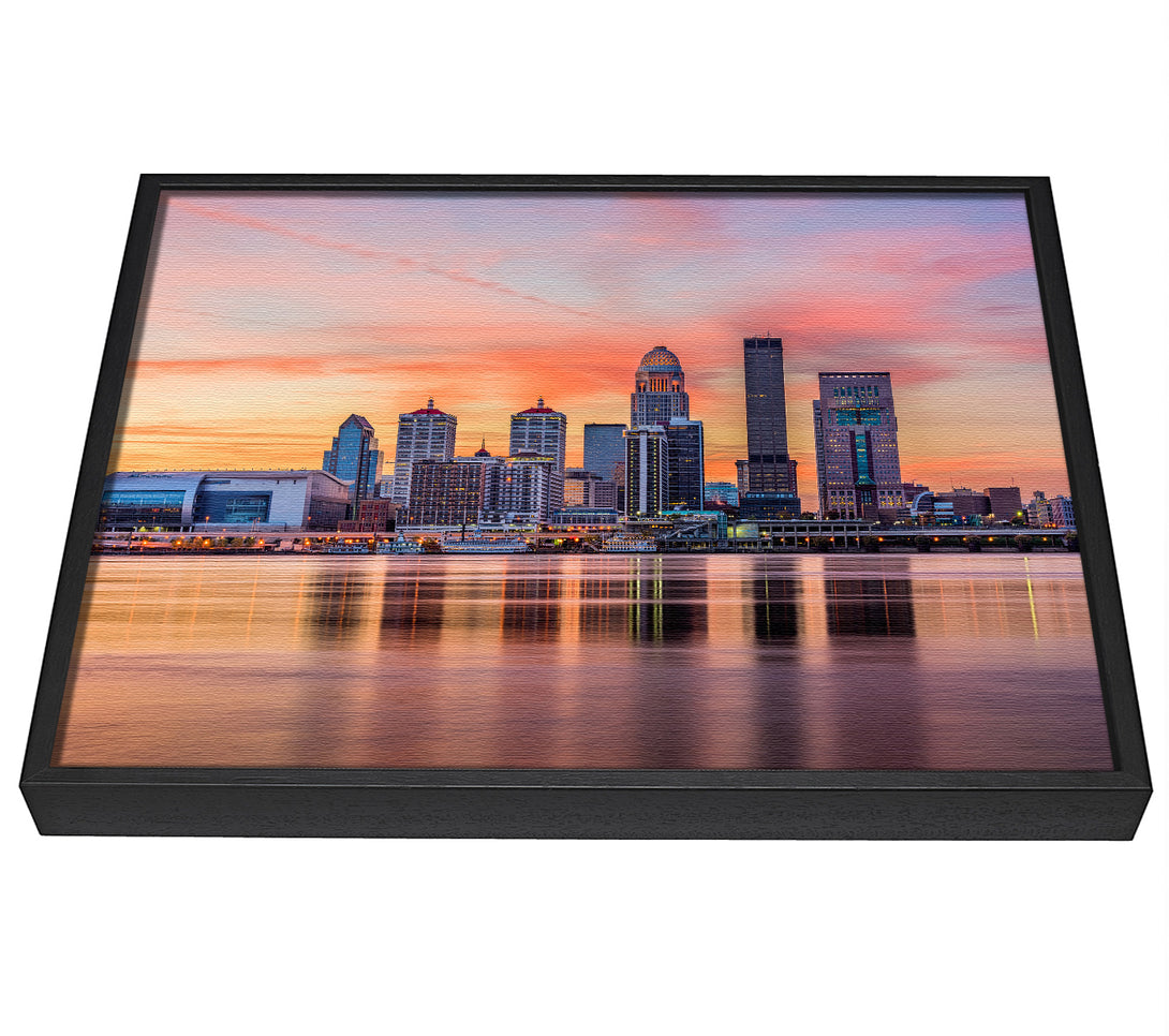 A picture of a Orange sunset in the city shoreline framed canvas print sold by Wallart-Direct.co.uk