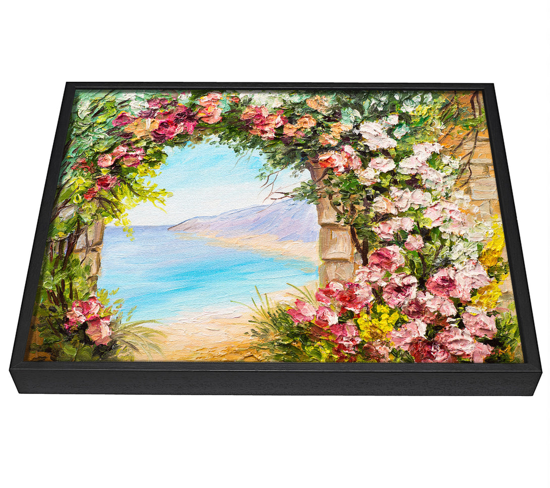 A picture of a Floral View Of The Cove Watercolour framed canvas print sold by Wallart-Direct.co.uk