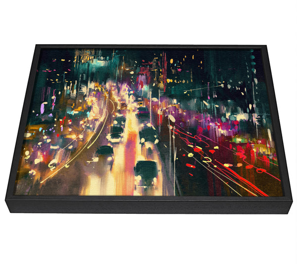 A picture of a Busy Night Traffic Lights Watercolour framed canvas print sold by Wallart-Direct.co.uk