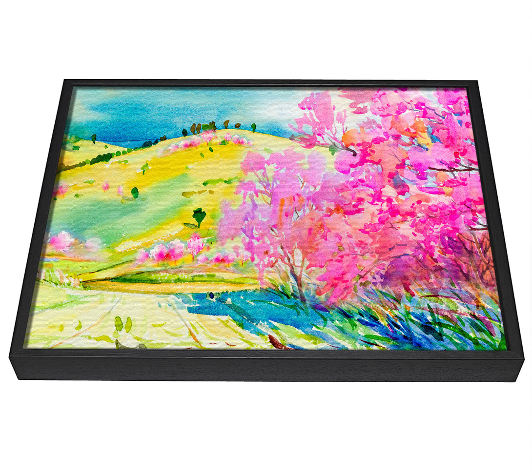 A picture of a Pink Blossom Hilltops framed canvas print sold by Wallart-Direct.co.uk