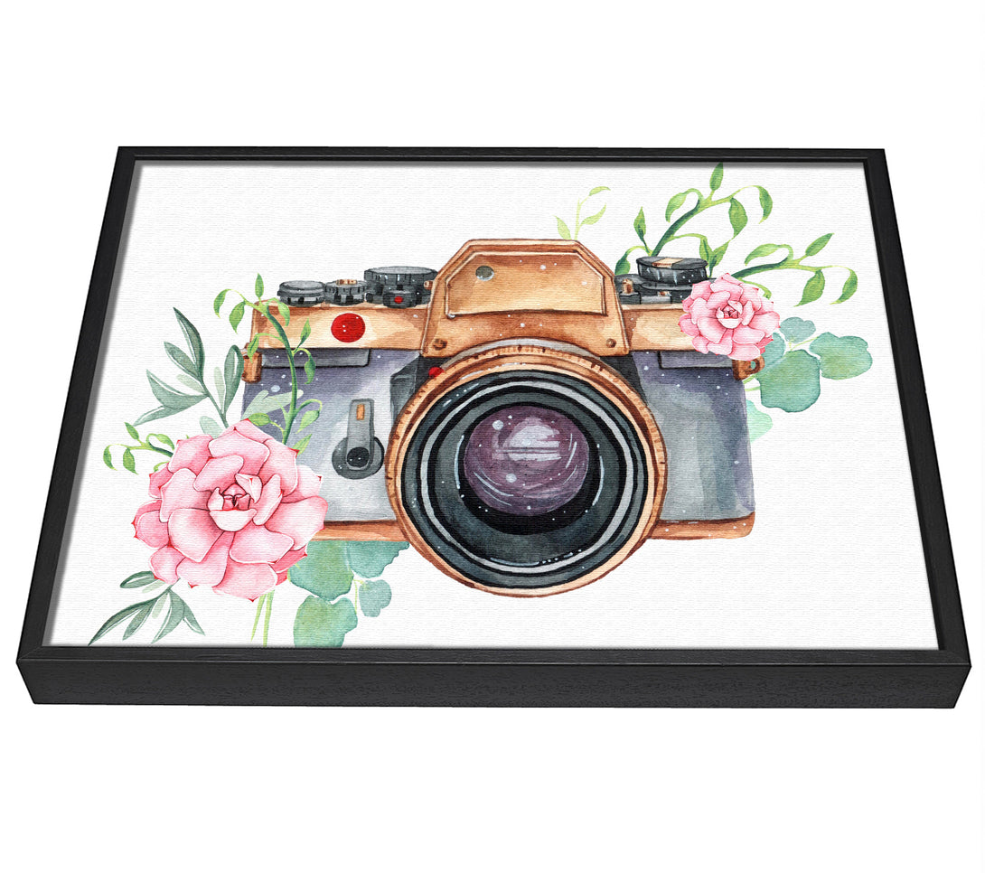 A picture of a Vintage Camera Floral framed canvas print sold by Wallart-Direct.co.uk