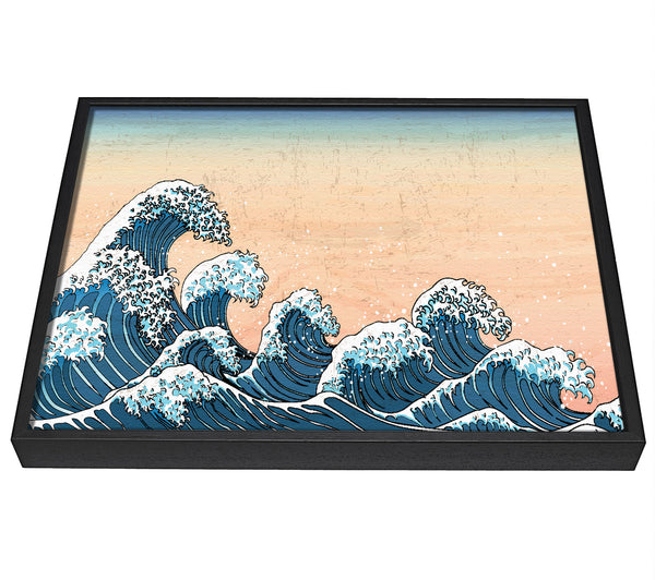 A picture of a Japanese Waves In The Sunset framed canvas print sold by Wallart-Direct.co.uk