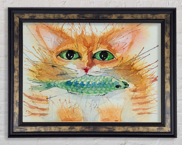 Watercolour Cat With Fish