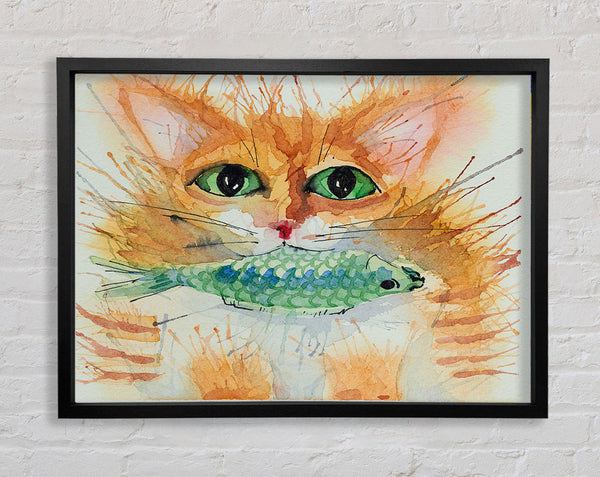 Watercolour Cat With Fish