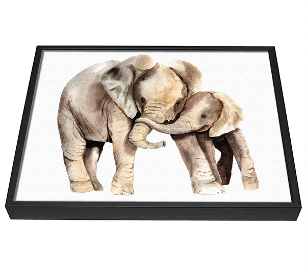 A picture of a Elephants Holding Trunks framed canvas print sold by Wallart-Direct.co.uk