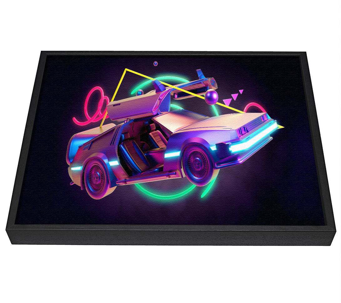 A picture of a Delorean Car Neon framed canvas print sold by Wallart-Direct.co.uk