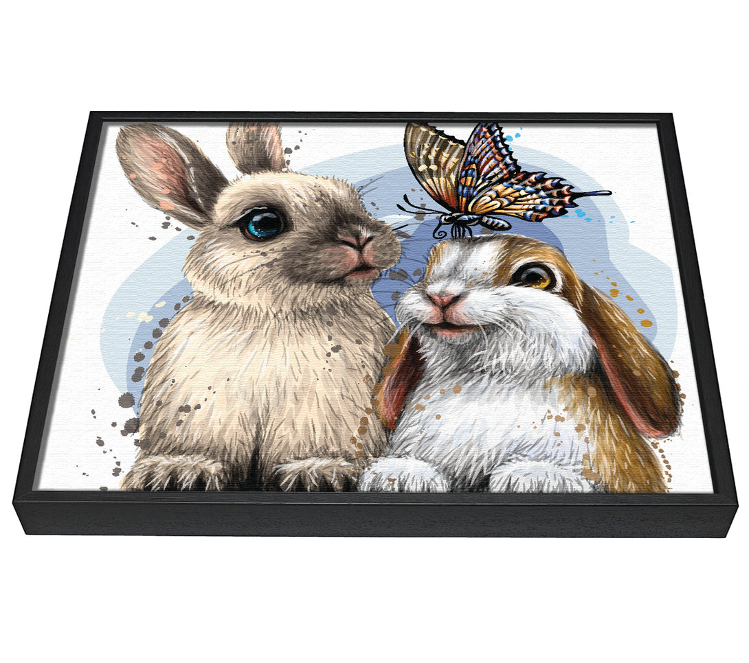 A picture of a The Cute Bunnies With Butterfly framed canvas print sold by Wallart-Direct.co.uk