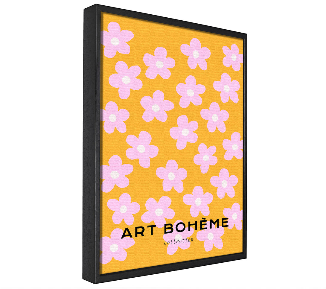 A picture of a Pink Flowers On Yellow framed canvas print sold by Wallart-Direct.co.uk