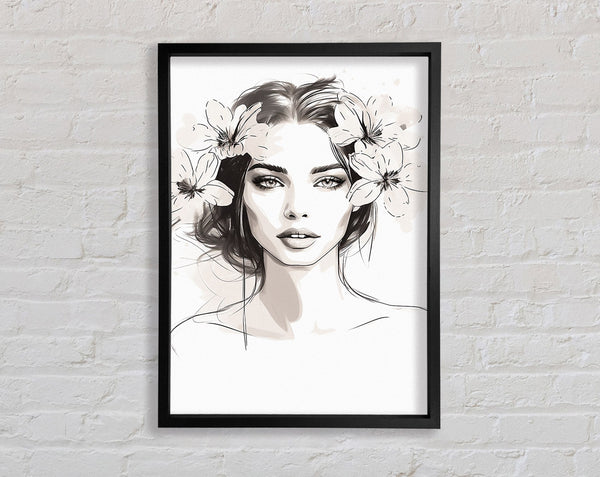 Beauty Woman Flowers Sketch Line Art