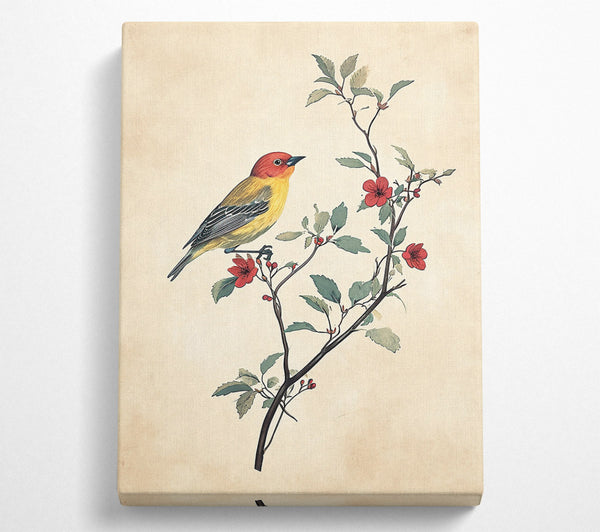 Yellow Bird On Red Bloom