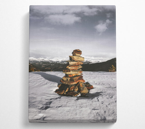 Red Stone Cairn In Snow