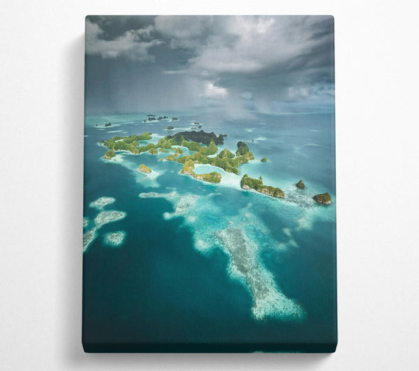 Teal Islands Under Clouds