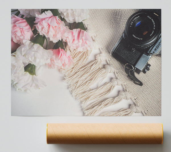 Pink Blooms And Film Camera