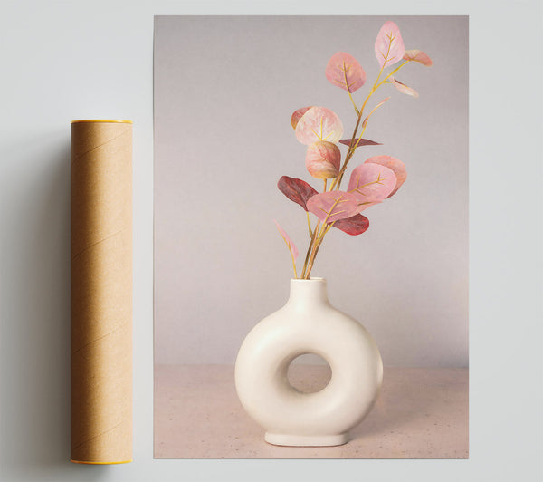 Pink Eucalyptus In White Vase.