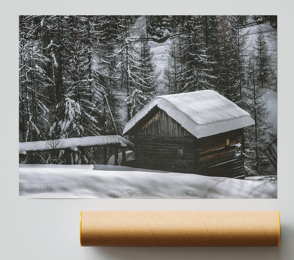 White Cabin Under Snow