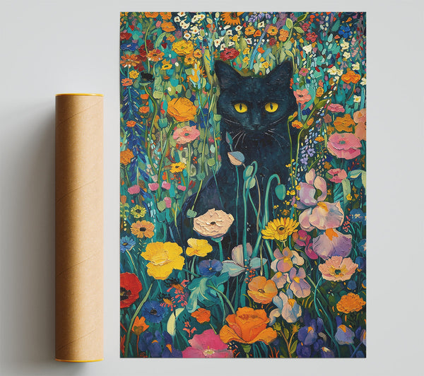 Black Cat In Teal Blooms