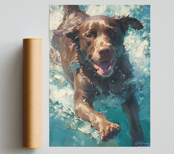 Brown Dog Splashing Blue