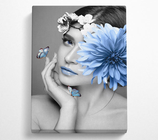 Black And White Girl With Blue Flower