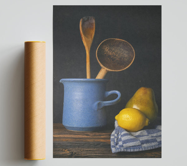 Blue Jug And Yellow Fruit