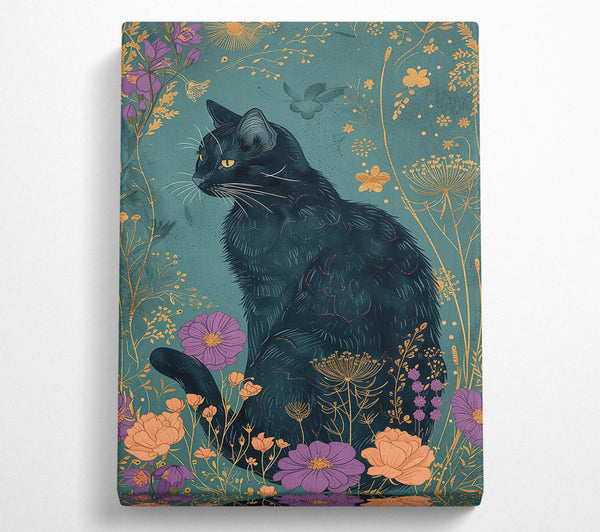 Teal Cat And Flowers