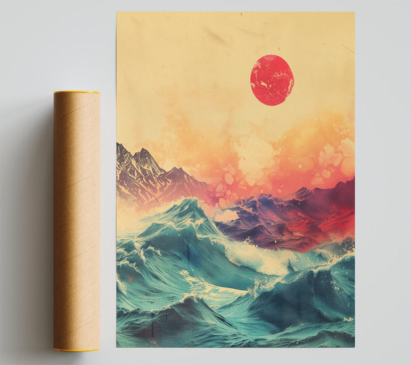 Teal Waves And Red Sun